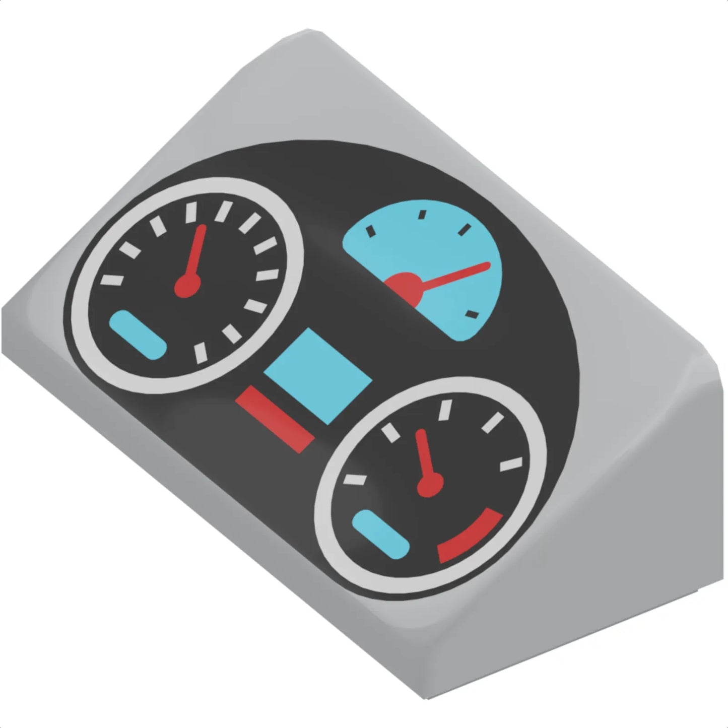 Part 85984pb289 - Slope 30 1 x 2 x 2/3 with Black Oval Dashboard with Silver, Medium Azure and Red Gauges Pattern