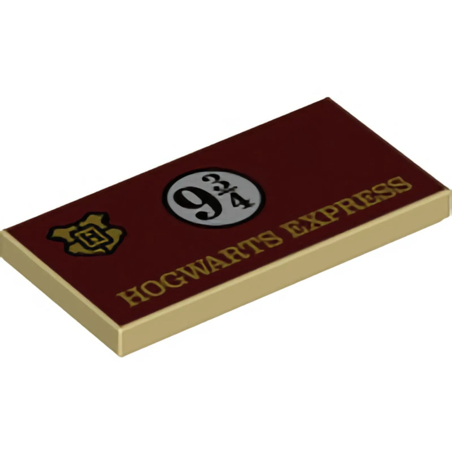 Part 87079pb1017 - Tile 2 x 4 with Gold 'HOGWARTS EXPRESS' and Crest, Black 9 3/4 in Circle on Dark Red Background Pattern