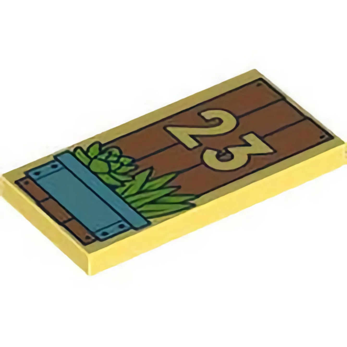 Part 87079pb1234 - Tile 2 x 4 with Medium Nougat Boards, '23', Metallic Light Blue Planter, and Lime Plants Pattern