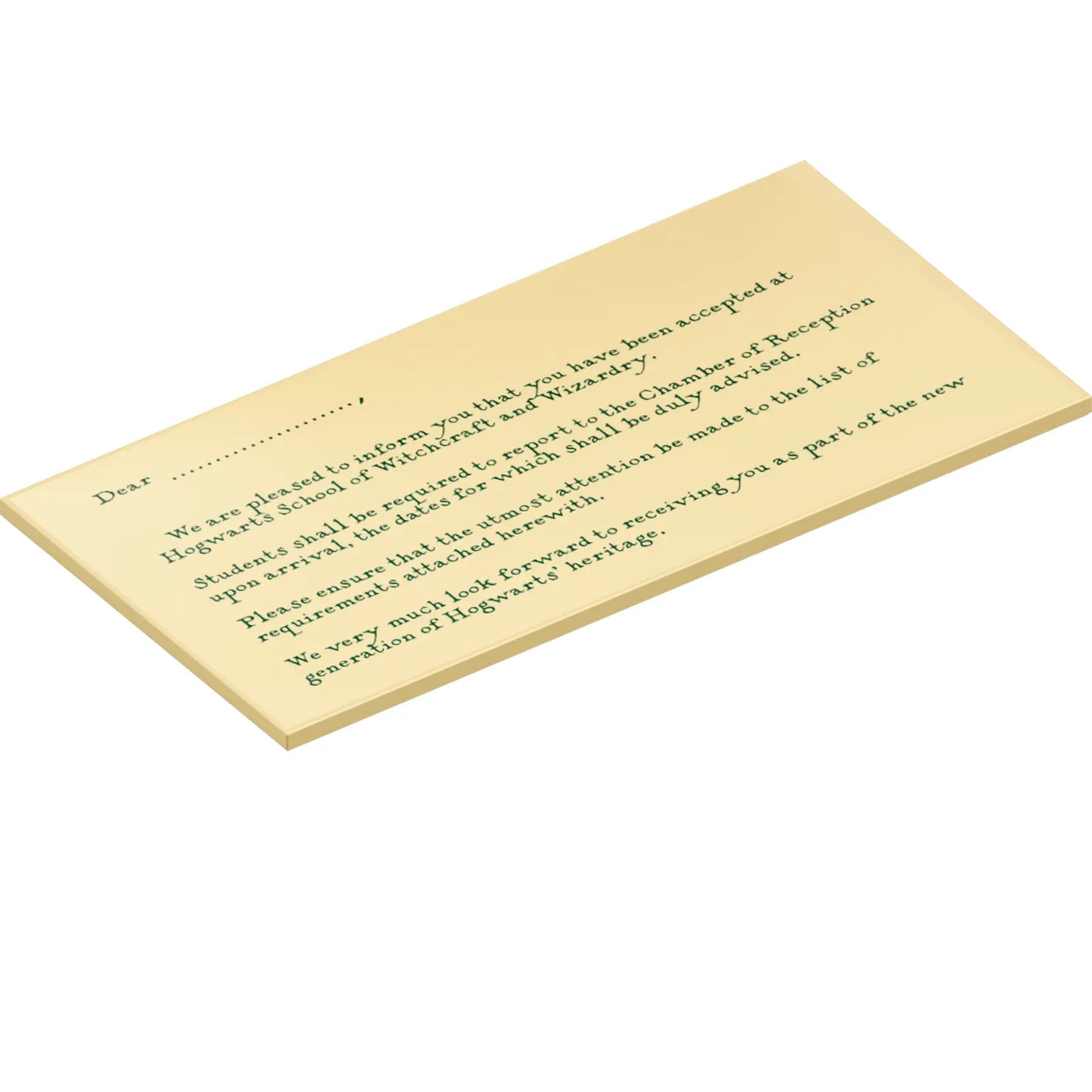 Part 90498pb28 - Tile 8 x 16 with Bottom Tubes, Textured Surface with 'Dear ... We are pleased to inform you that you have been accepted at Hogwarts...' Acceptance Letter Pattern