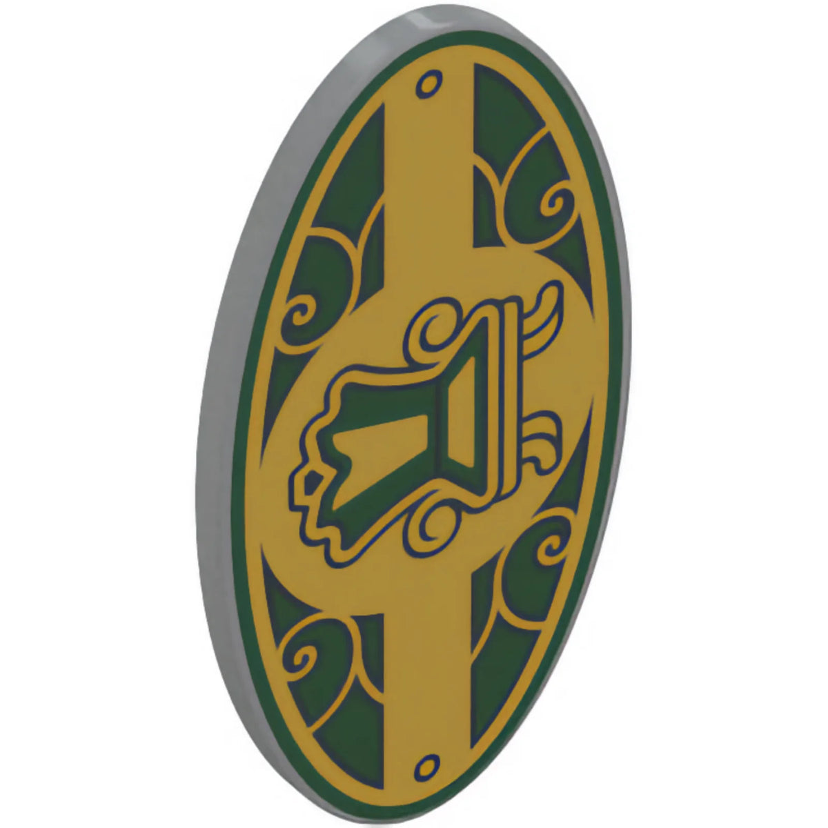 Part 92747pb18 - Minifigure, Shield Elliptical with Gold and Dark Green Ornate Chair and Scrollwork Pattern
