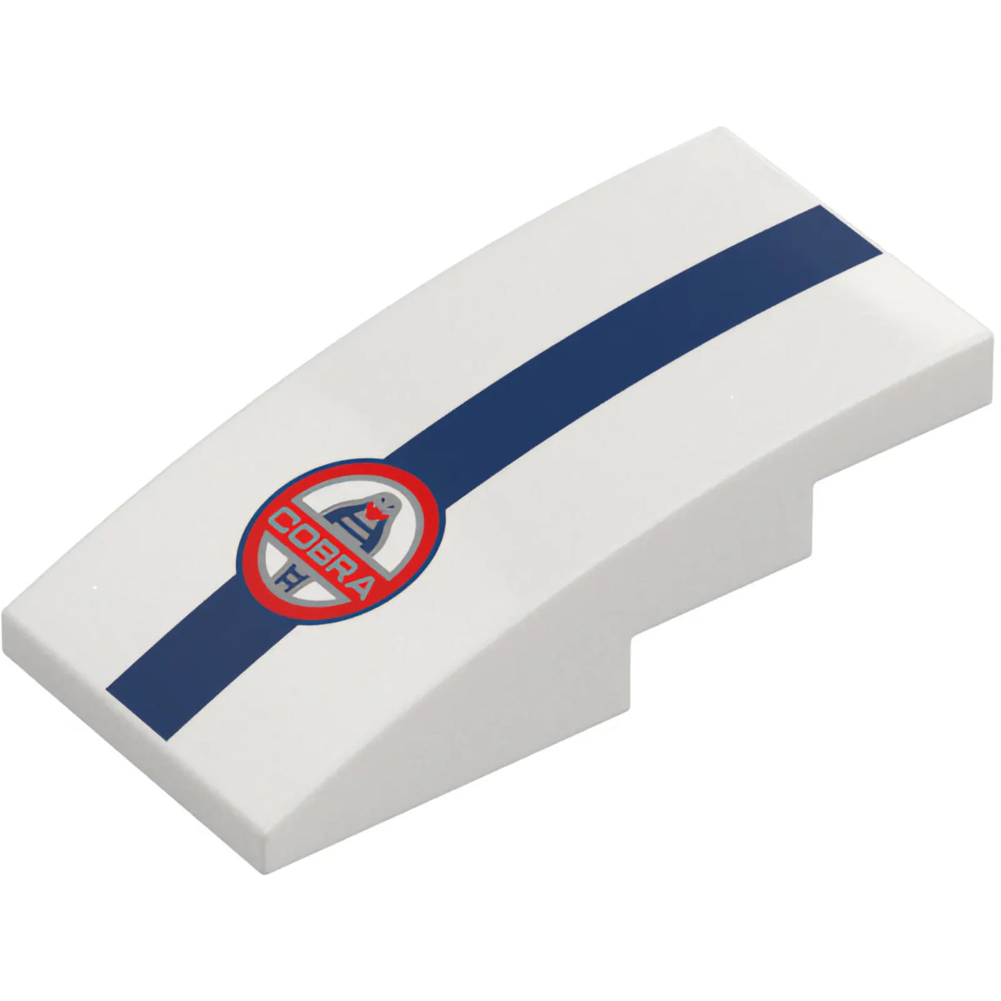 Part 93606pb217 - Slope, Curved 4 x 2 with Silver 'COBRA' and Red, White and Dark Blue Shelby Cobra Logo and Stripe Pattern