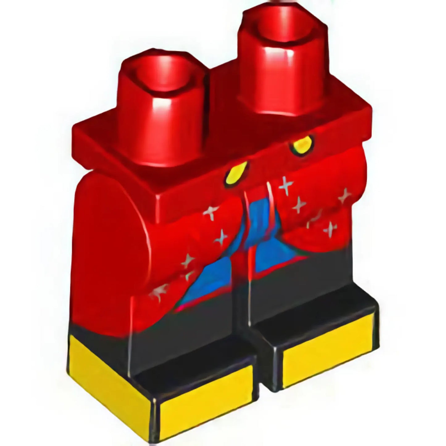 Part 970c00pb1483 - Hips and Legs with Molded Black Lower Legs / Boots and Printed Red Robe Ends with Silver Stars and Sparkles, Blue Shorts and Yellow Shoes Pattern