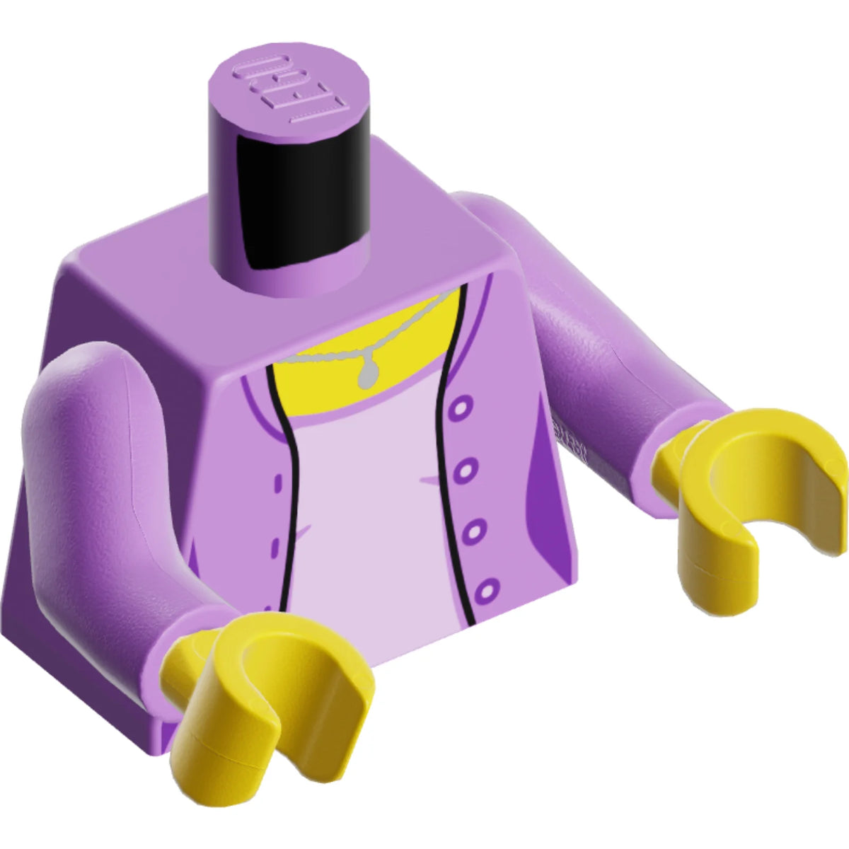 Part 973pb2341c01 - Torso Female Open Jacket with 4 Buttons, Silver Pendant Necklace, Lavender Shirt Pattern / Medium Lavender Arms / Yellow Hands