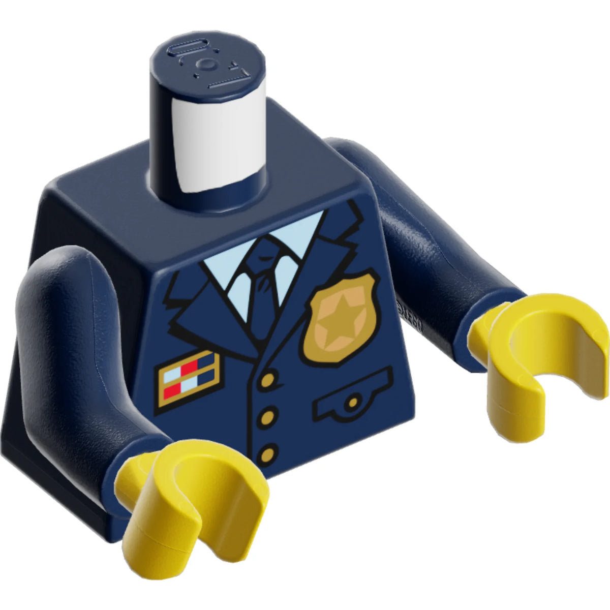 Part 973pb3772c01 - Torso Police Suit with Tie and Pockets, Gold Star Badge Logo and Buttons, Light Blue Undershirt Pattern / Dark Blue Arms / Yellow Hands