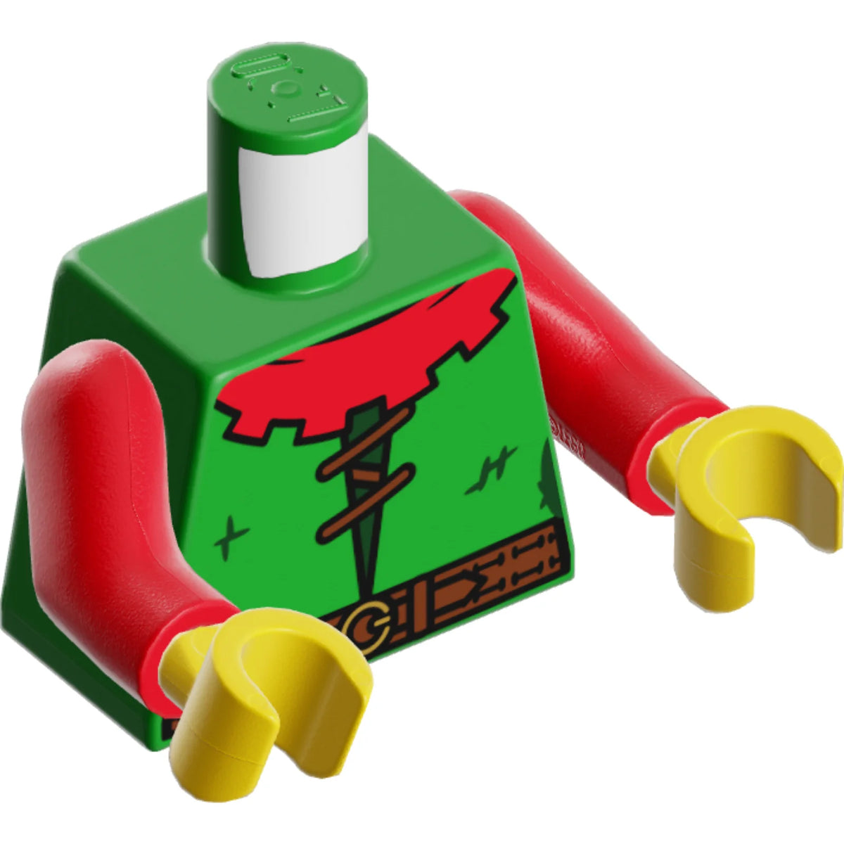 Part 973pb4754c01 - Torso Castle Forestman Red Collar, Reddish Brown Lacing and Belt with Pouch, Dark Green Stitches, Gold Buckles Pattern / Red Arms / Yellow Hands