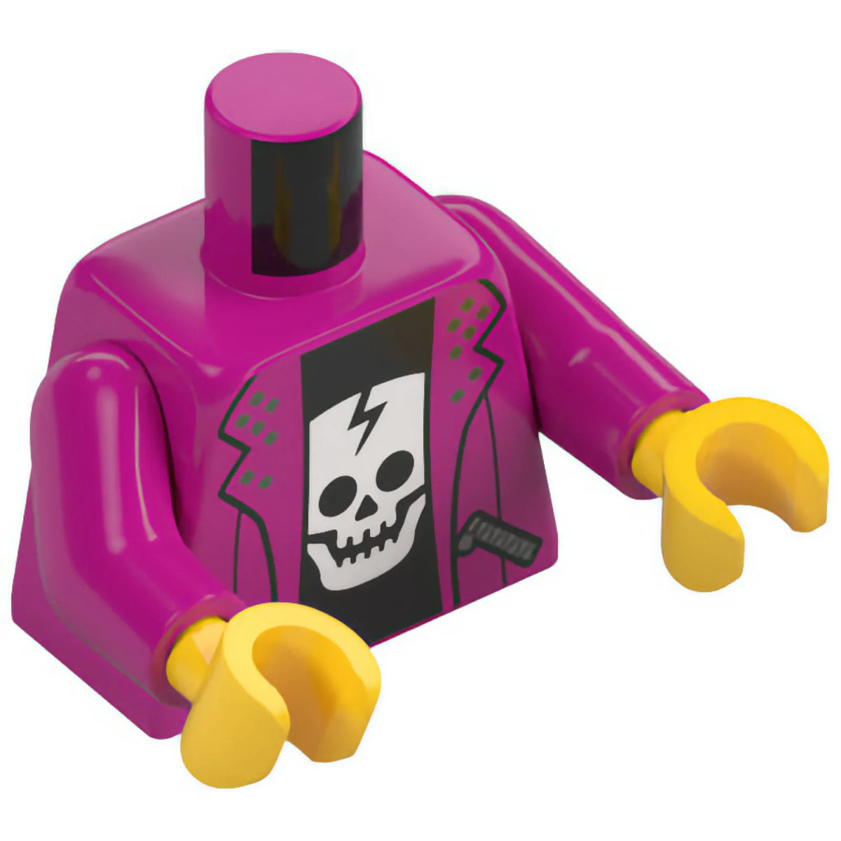 Part 973pb5000c01 - Torso Jacket Open with Pockets with Silver Zippers over Black Shirt with White Cracked Skull, 'TOUR' and City Skyline on Back Pattern / Magenta Arms / Yellow Hands