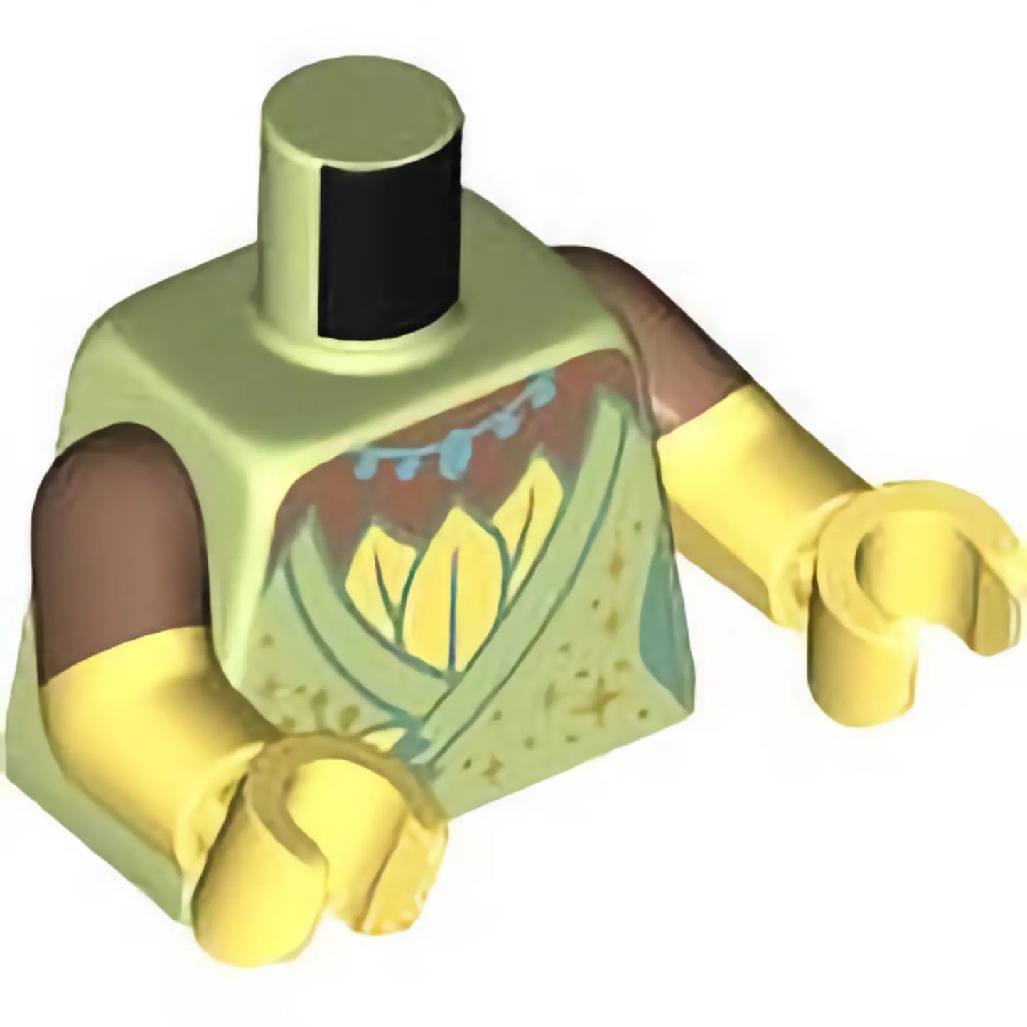 Part 973pb5189c01 - Torso Female Dress with Flower, Gold Sparkles and Dots, Metallic Light Blue Necklace, Medium Brown Neck Pattern / Bright Light Yellow Arms with Molded Medium Brown Sleeves Pattern / Bright Light Yellow Hands