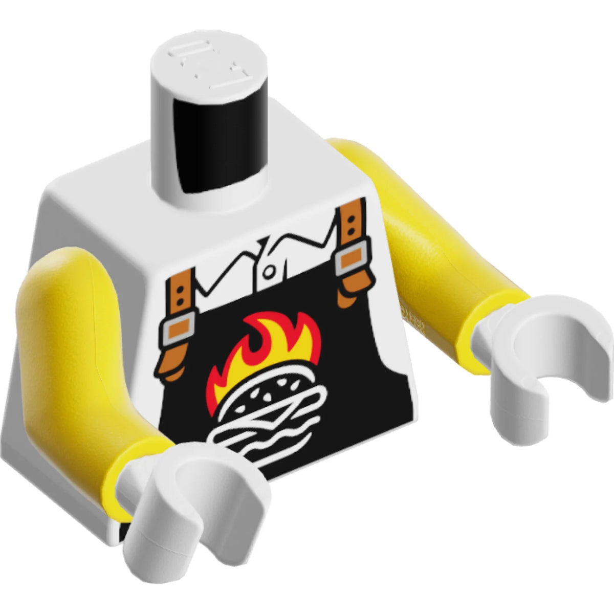 Part 973pb5520c01 - Torso Black Overalls with Burger Outline, Red and Bright Light Orange Flames and Dark Orange Straps over Shirt Pattern / Yellow Arms / White Hands