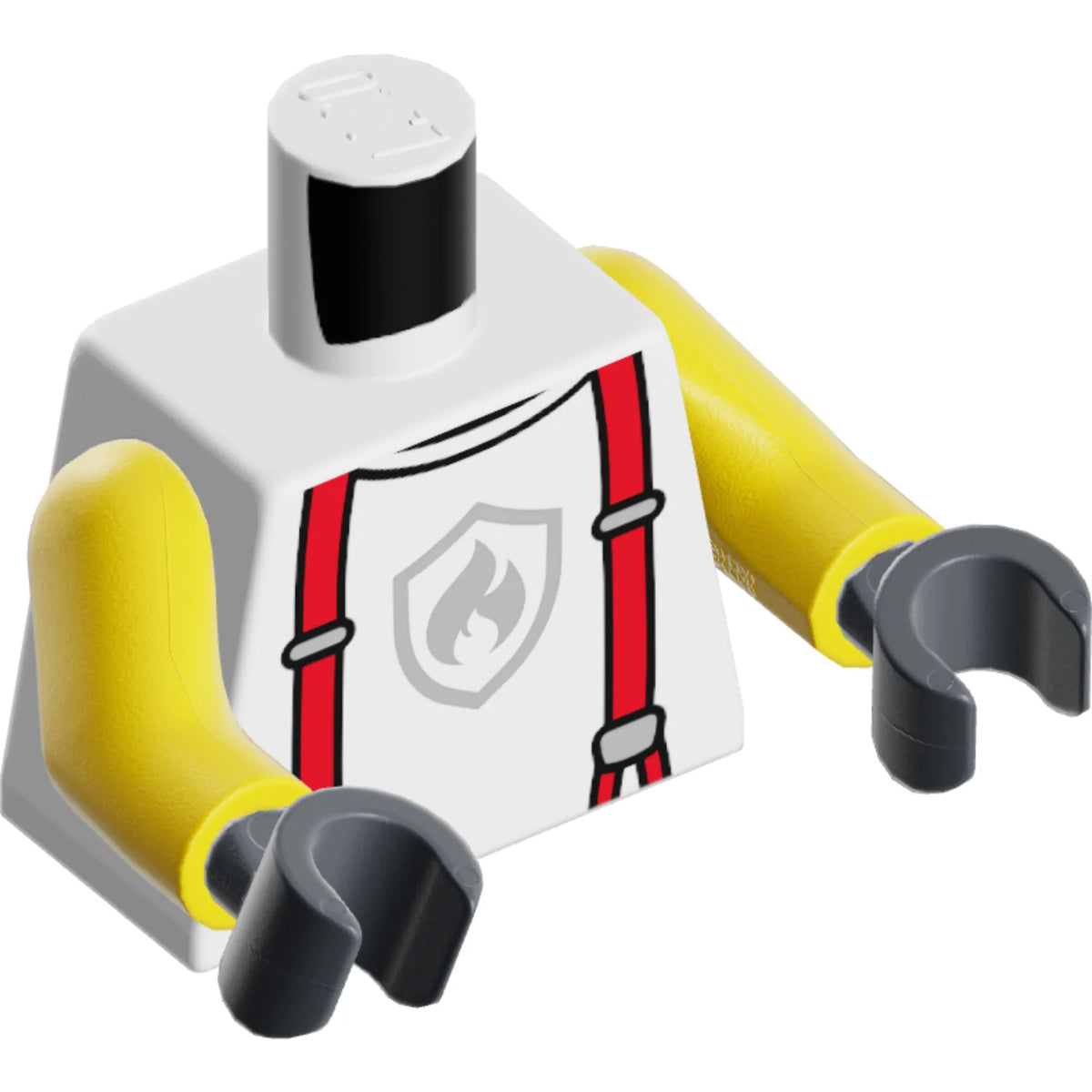 Part 973pb5527c01 - Torso T-Shirt with Black Collar and Silver Fire Logo Badge, Red and Dark Blue Suspenders Pattern / Yellow Arms / Dark Bluish Gray Hands