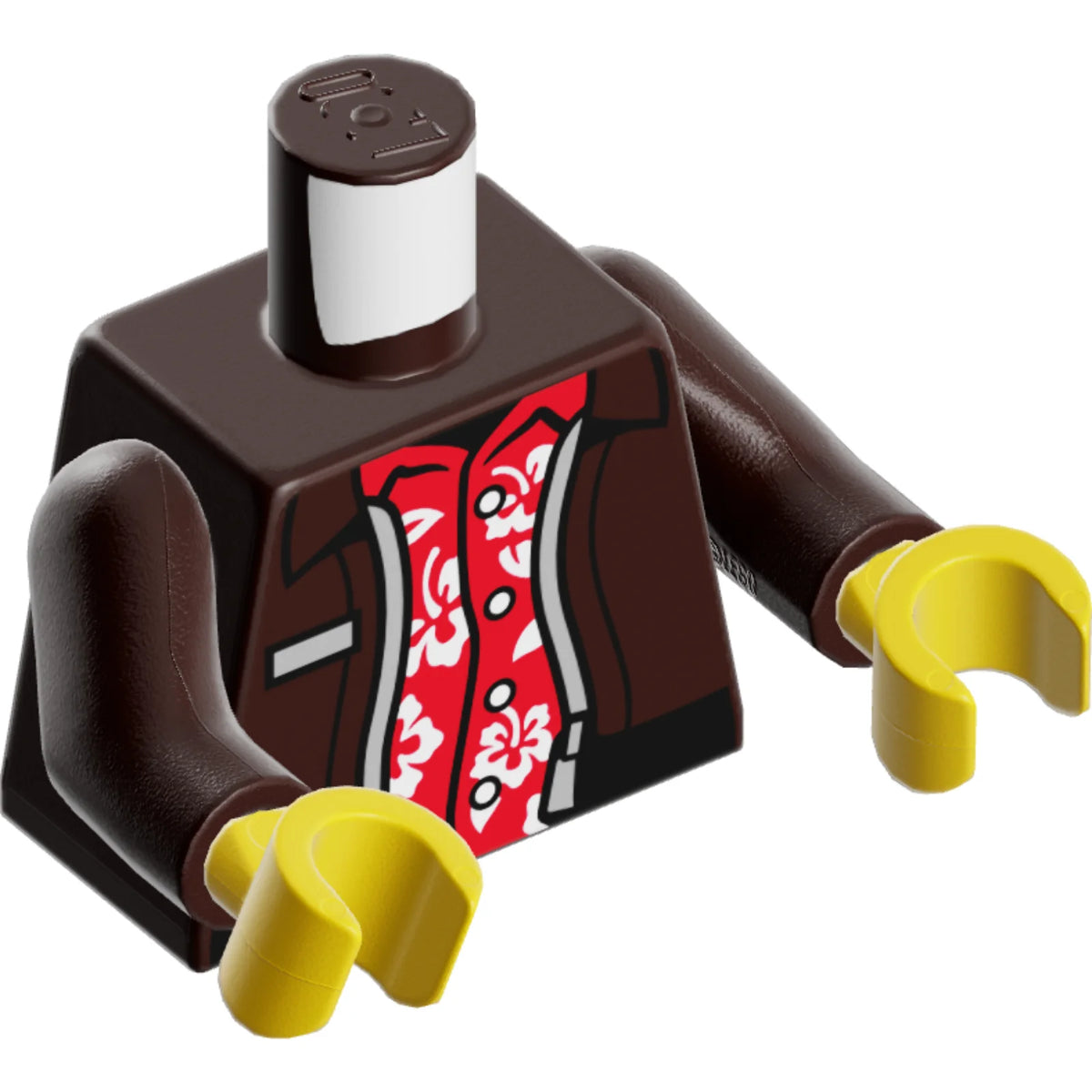 Part 973pb5685c01 - Torso Jacket Open with Black Hem and Silver Zipper over Red Hawaiian Shirt with Flowers and Leaves Pattern / Dark Brown Arms / Yellow Hands