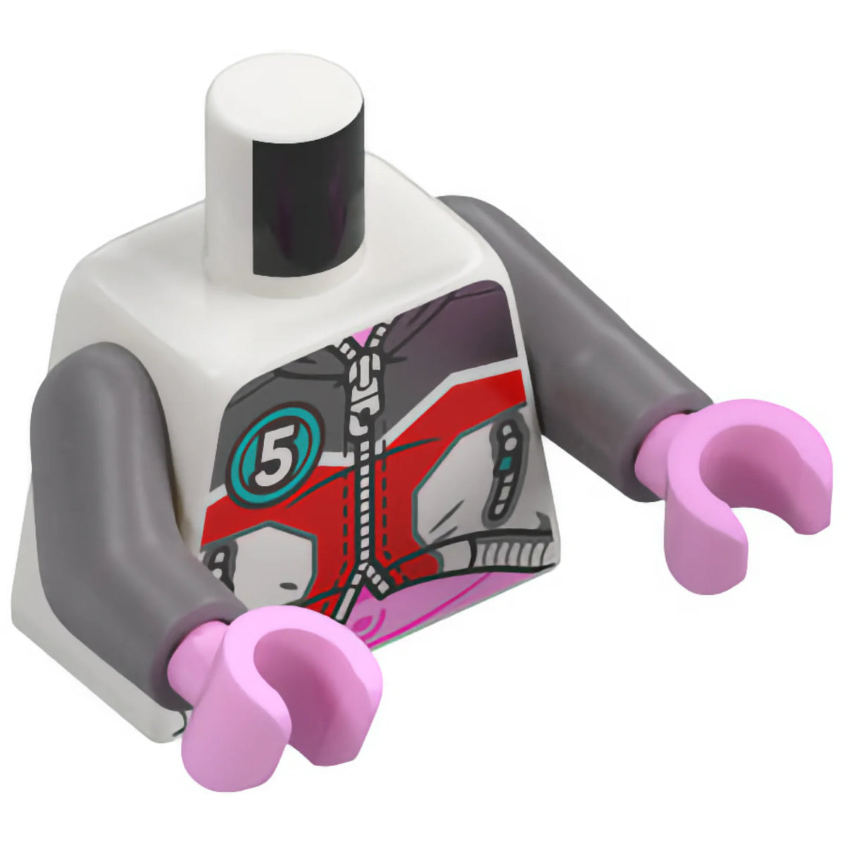 Part 973pb5720c01 - Torso Jacket with Pockets and Zippers, Silver and Red Panels, Bright Pink Stomach, Dark Turquoise Number 5 on Front and Back Pattern / Flat Silver Arms / Bright Pink Hands