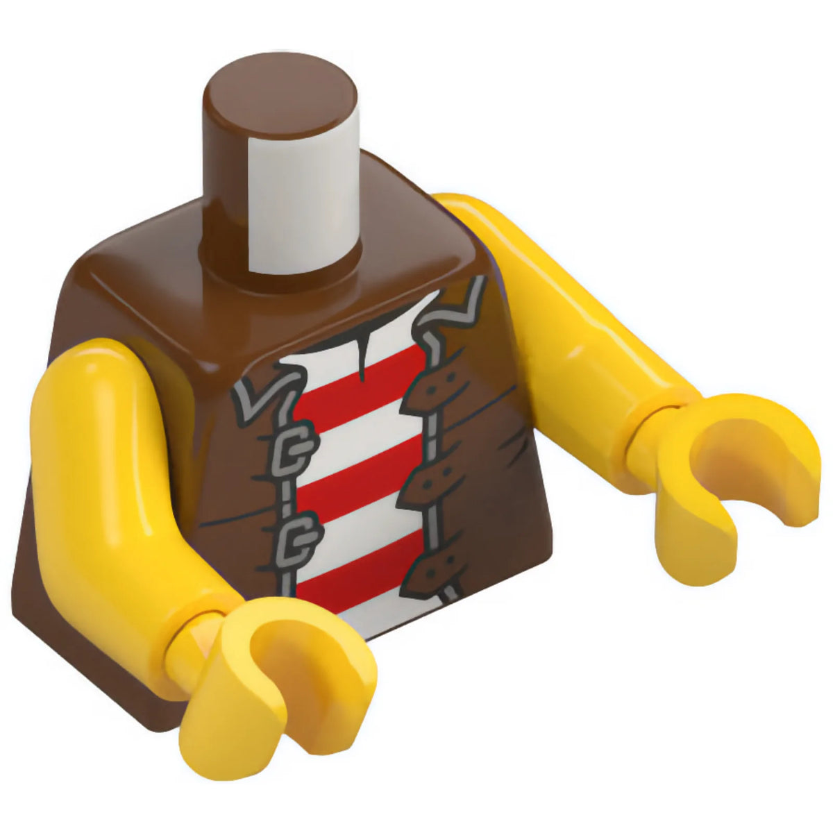 Part 973pb6136c01 - Torso Pirate Vest Open with Silver Trim and 3 Buckles over Shirt with Red and White Horizontal Stripes Pattern / Yellow Arms / Yellow Hands