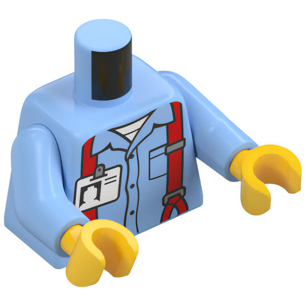 Part 973pb6159c01 - Torso Shirt with Collar, Buttons and Pocket, Red Suspenders with Silver Buckles, White Undershirt, ID Badge Pattern / Bright Light Blue Arms / Yellow Hands