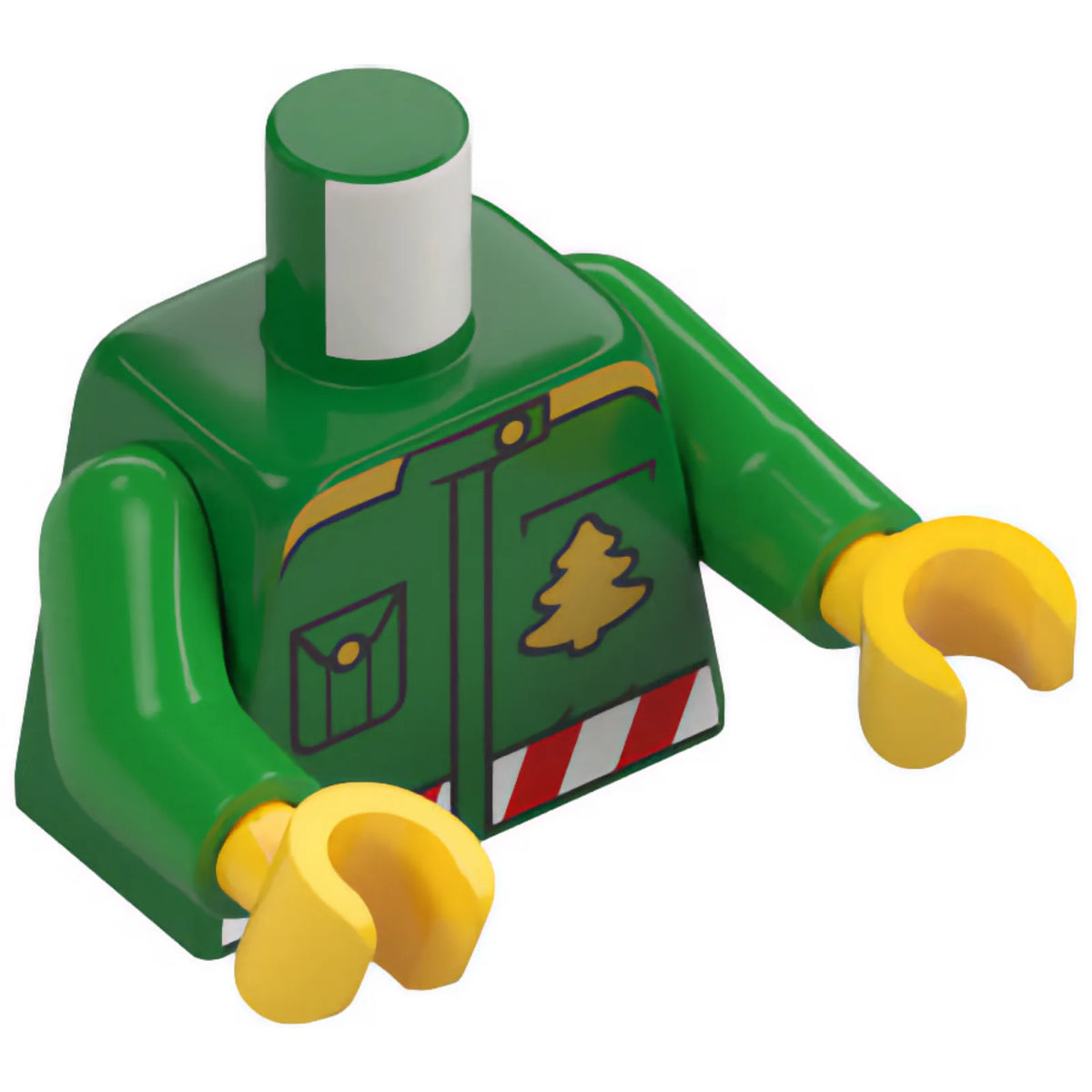 Part 973pb6360c01 - Torso Jacket with Gold Buttons, Christmas Trees and Shoulders, Red and White Candy Stripe Belt Pattern / Bright Green Arms / Yellow Hands