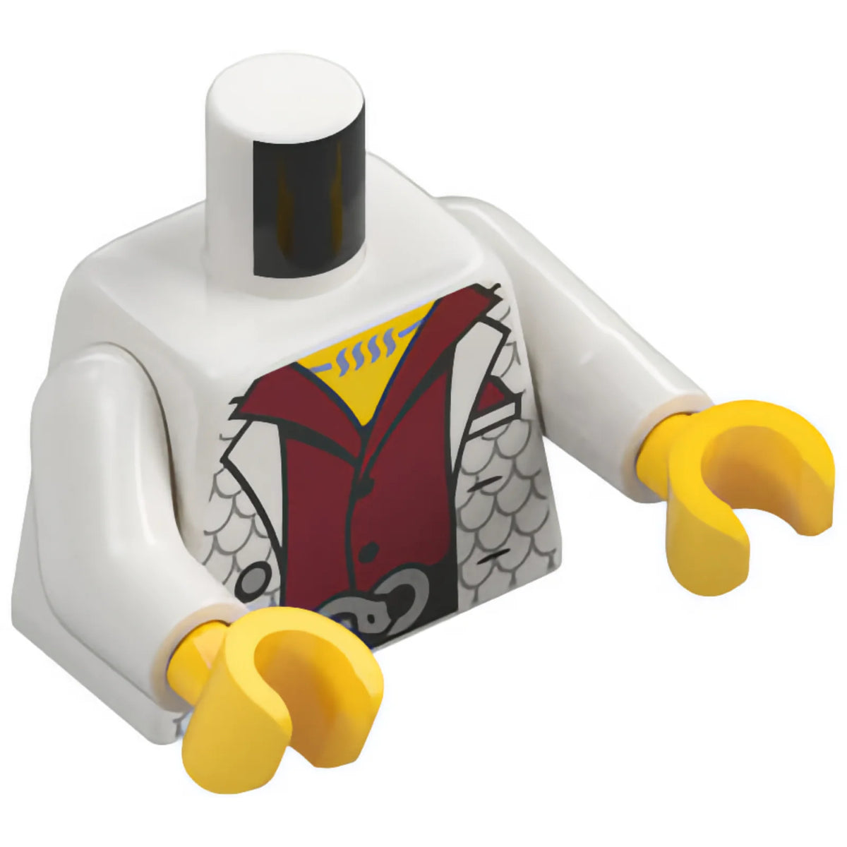 Part 973pb6549c01 - Torso Vest Open with Silver Scallops and Buttons, Black Belt with Snake Buckle, Dark Red Shirt, Yellow Neck Pattern / White Arms / Yellow Hands