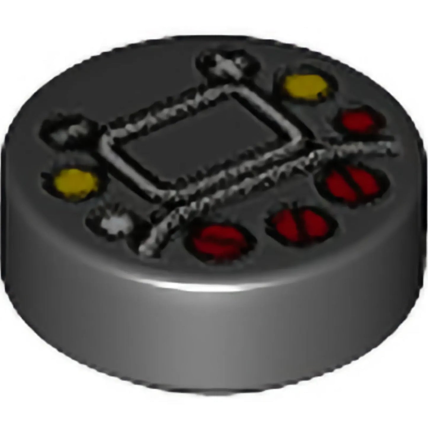 Part 98138pb288 - Tile, Round 1 x 1 with Red, White and Yellow Buttons, Plus Sign (+), Minus Sign (-), and Lines Pattern