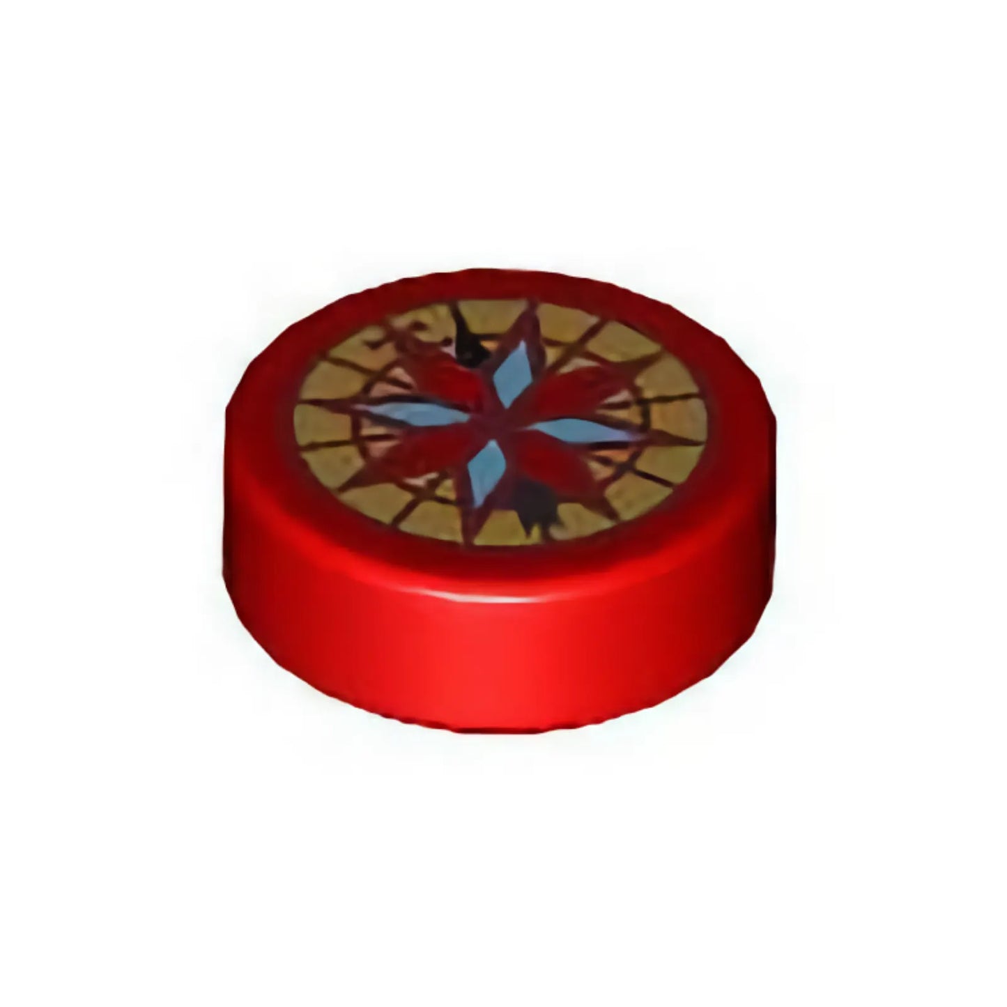 Teil 98138pb370 - Fliese, rund 1 x 1 mit dunkelrotem, hellblauem und goldenem Kompassmuster