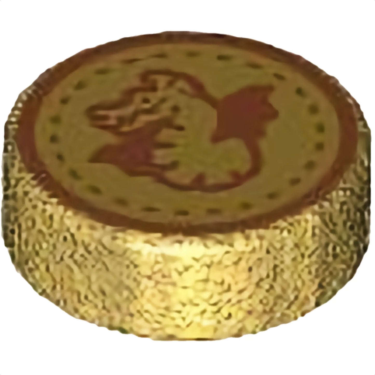 Part 98138pb380 - Tile, Round 1 x 1 with Dark Orange Dragon and Dotted Circle on Gold Background Pattern (HP Unum Galleon)