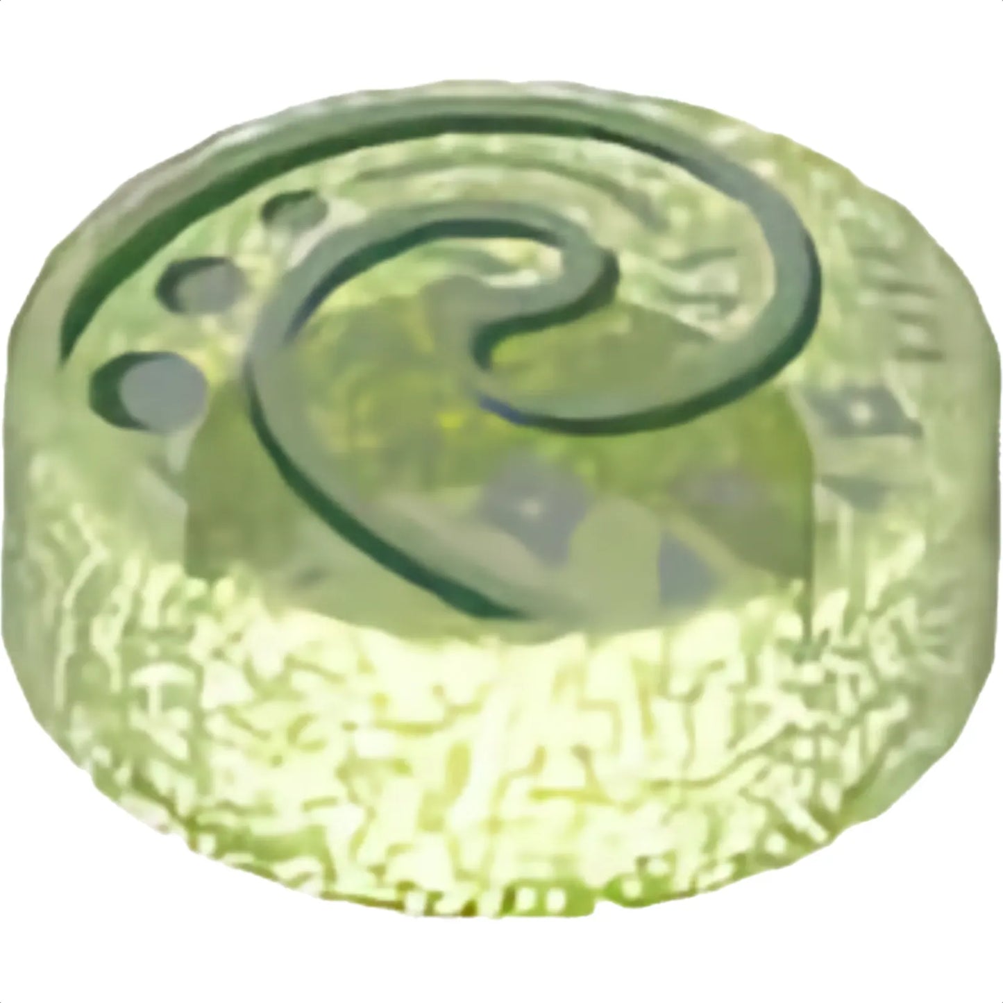 Part 98138pb421 - Tile, Round 1 x 1 with White and Bright Green Koru Spiral Symbol, Diamonds and Lines Pattern (Moana Heart of Te Fiti)