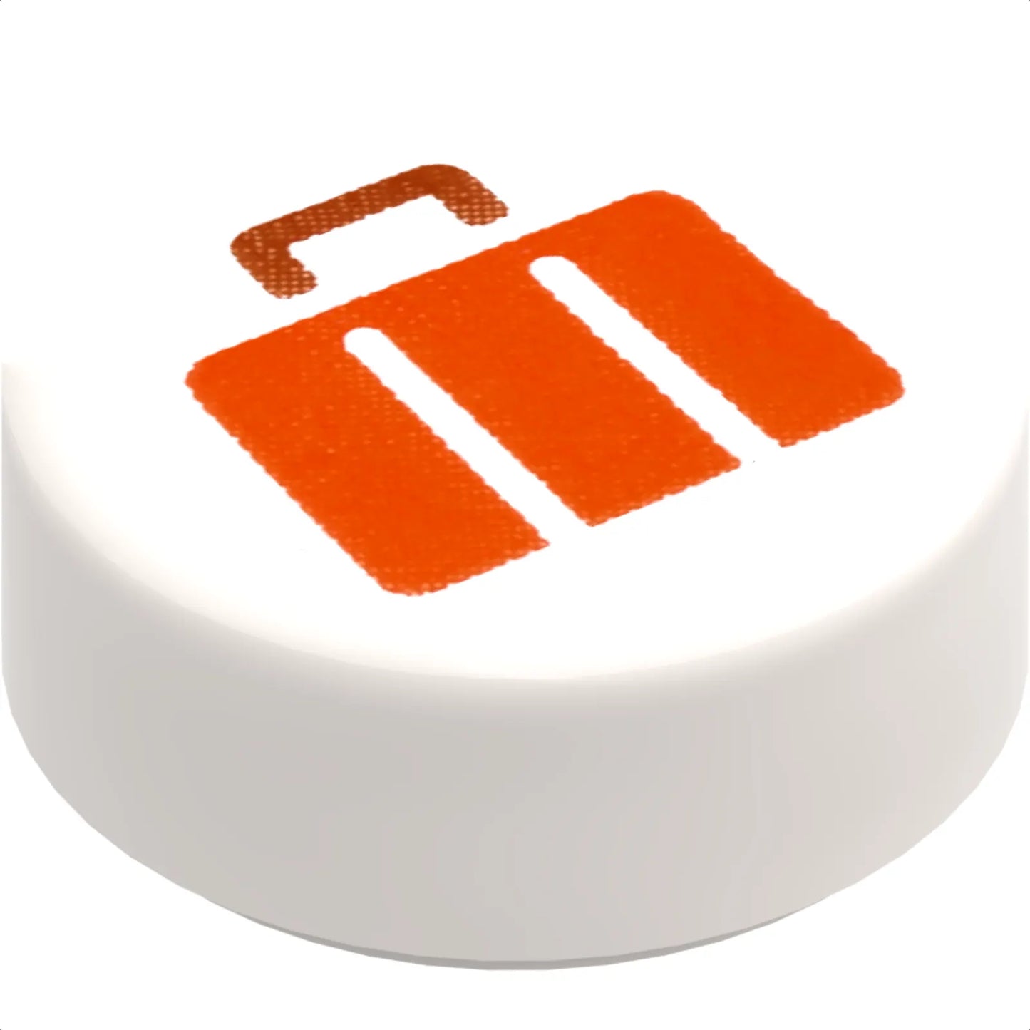 Part 98138pb435 - Tile, Round 1 x 1 with Reddish Orange Suitcase with Dark Orange Handle Pattern