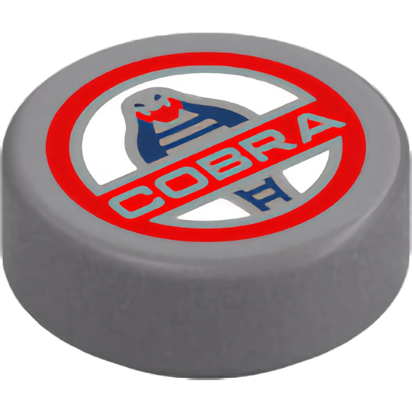 Part 98138pb456 - Tile, Round 1 x 1 with Silver 'COBRA' and Red, White and Dark Blue Shelby Cobra Logo Pattern