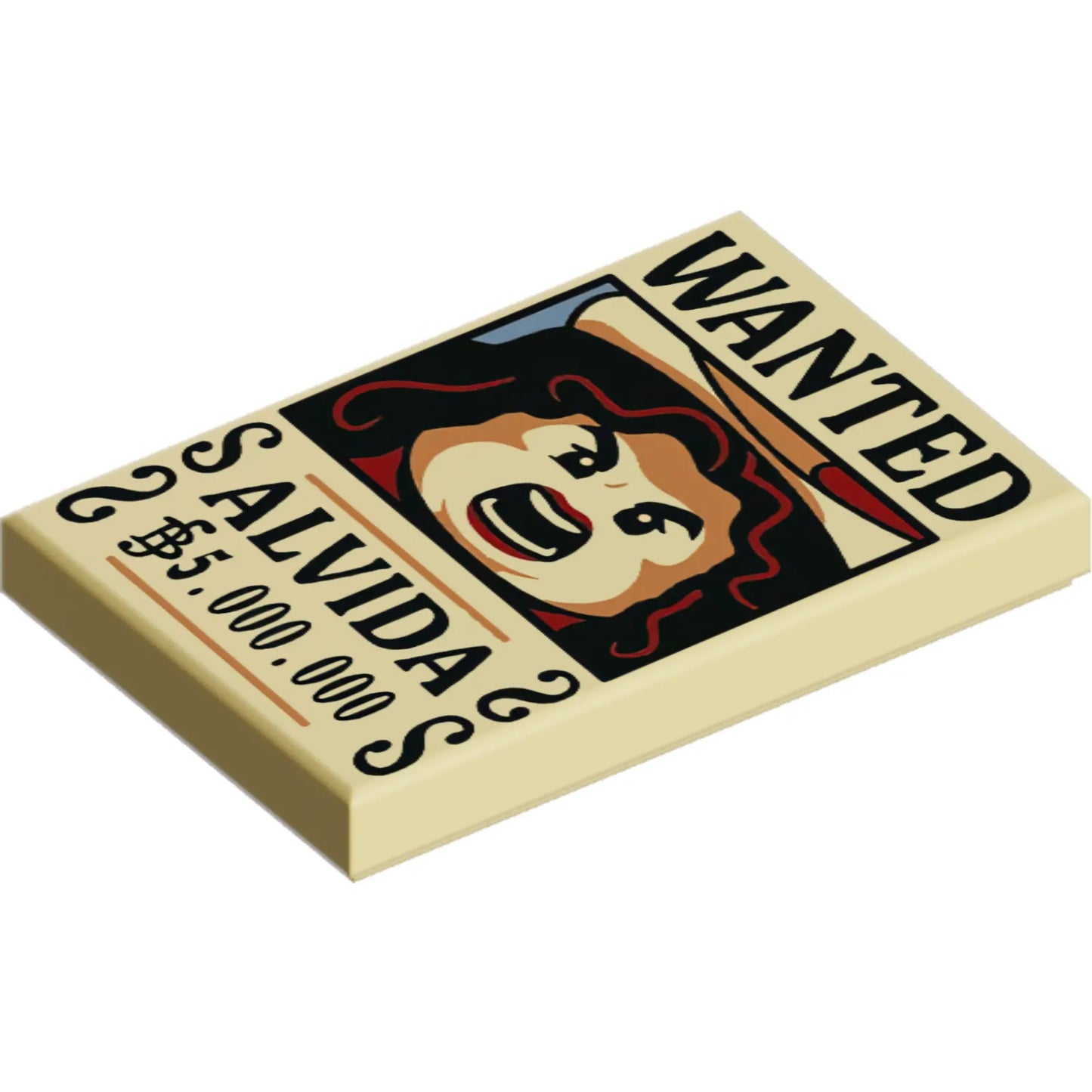 Part 26603pb534 - Tile 2 x 3 with Wanted Poster with Black 'WANTED' 'ALVIDA' (Belly) '5.000.000' Pattern