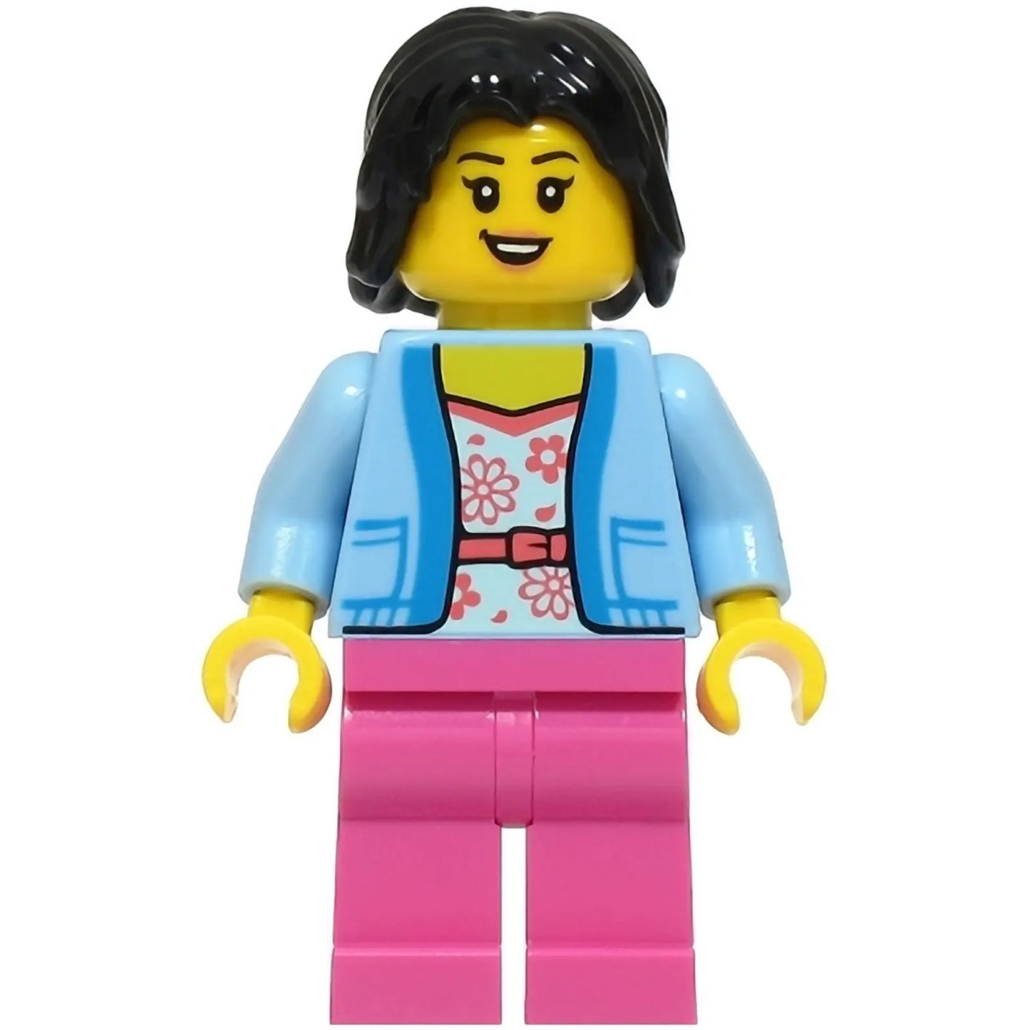 Minifig cty1929 - Passenger - Female, Bright Light Blue Jacket over White Shirt with Coral Flowers, Dark Pink Legs, Black Hair