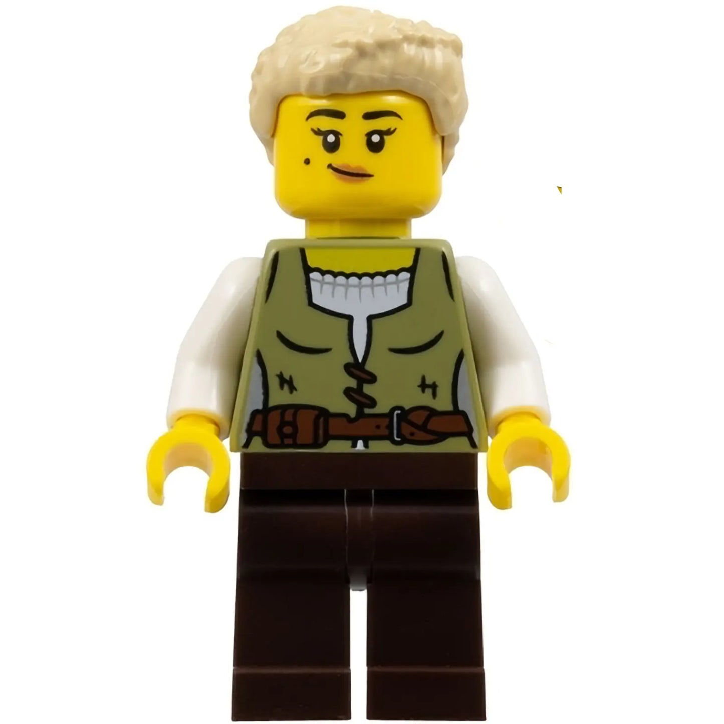 Minifig cas582 - Carpenter - Female, Olive Green Vest, Dark Brown Legs, Tan Coiled Hair Ponytail