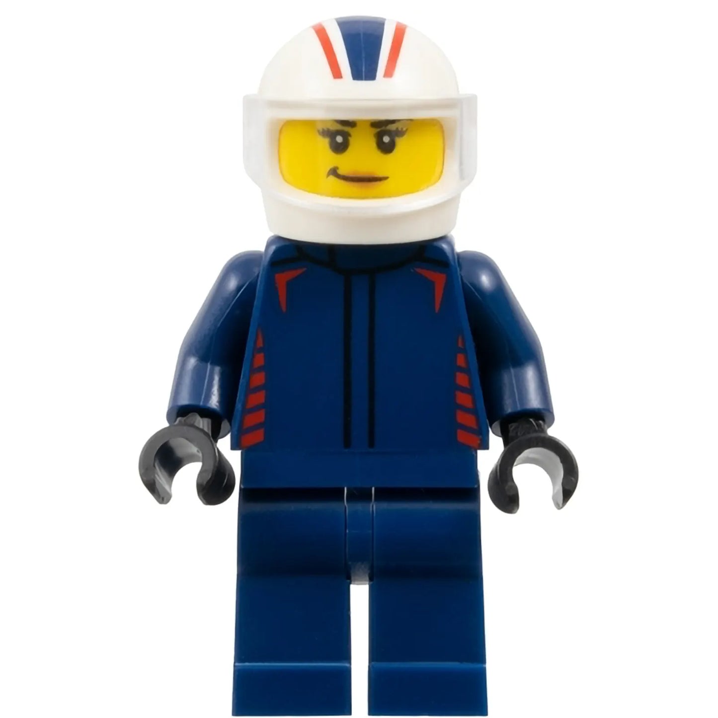 Minifig cty1838 - Formula 1 Driver, Red Bull - Female, Dark Blue Racing Suit, White Helmet, Trans-Clear Visor