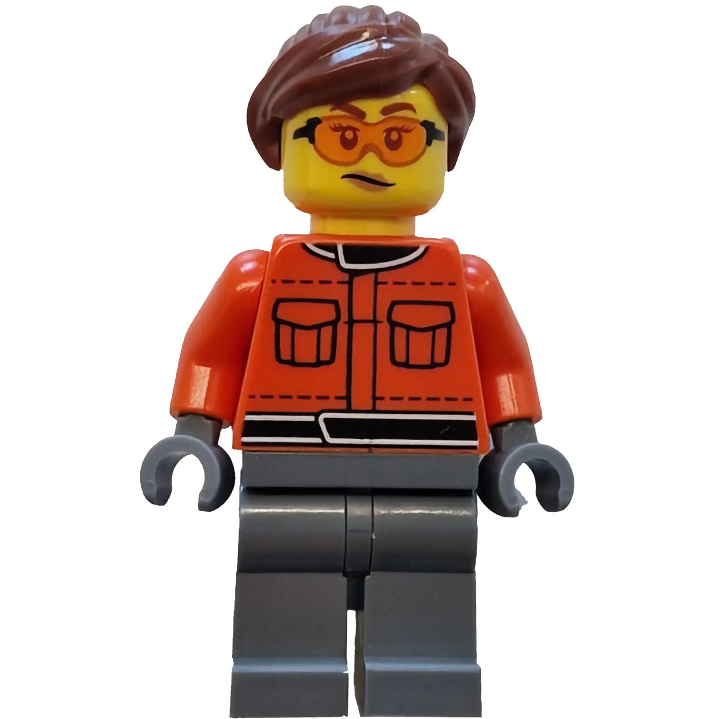 Minifig cty1841 - Formula 1 Mechanic - Female, Reddish Orange Suit with Pockets, Dark Bluish Gray Legs, Reddish Brown Hair, Safety Glasses