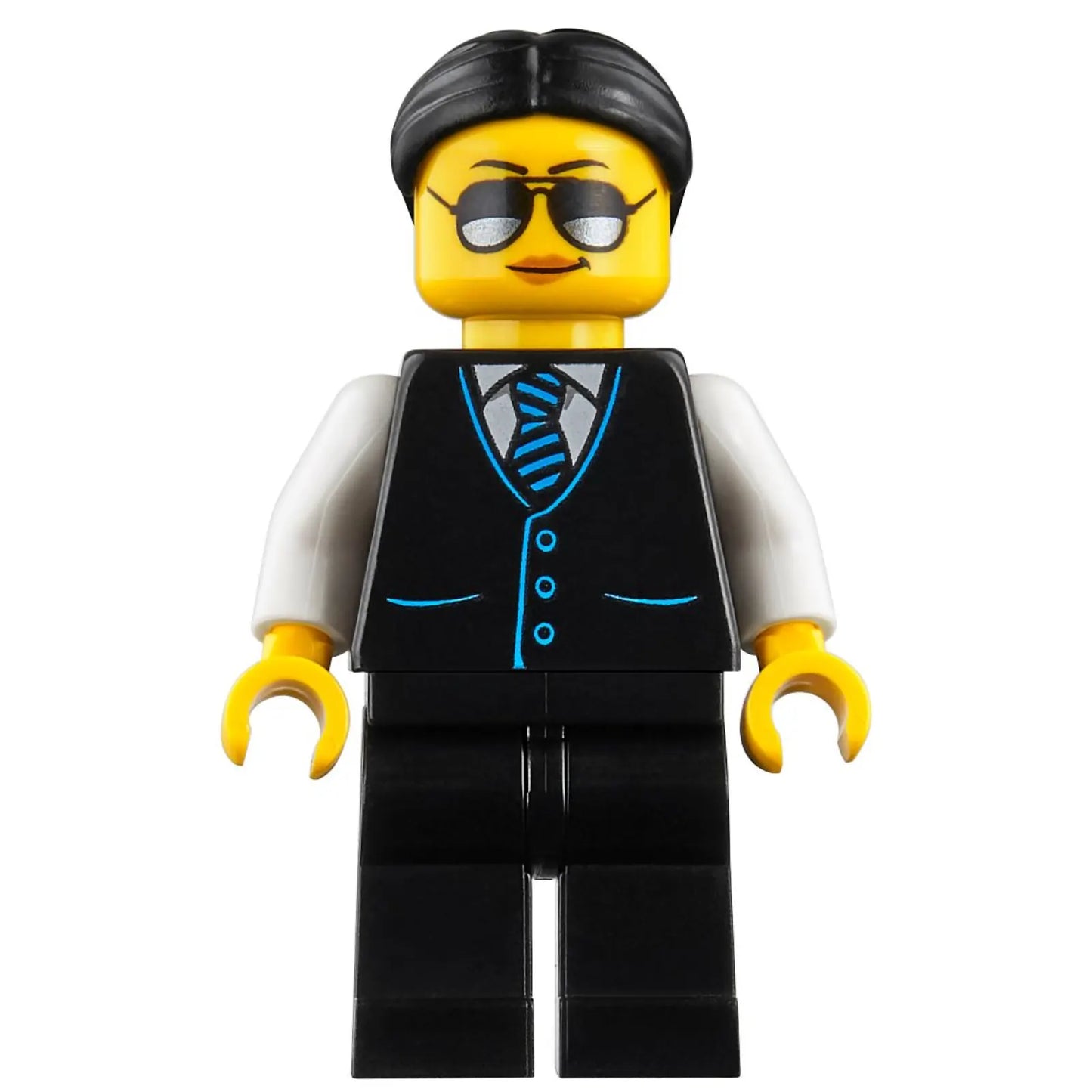 Minifig cty1212 - Limousine Driver - Female, Black Vest with Blue Striped Tie, Black Legs, Black Hair, Sunglasses and Peach Lips