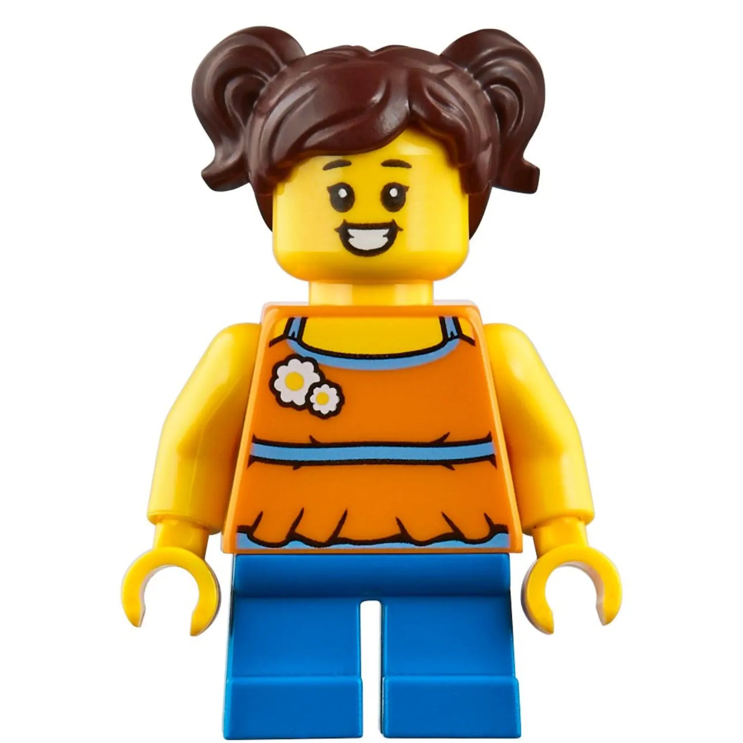 Minifigur cty1215 - Madison (Maddy) Yea - Mädchen, orangefarbenes Neckholder-Kleid, blaue kurze Beine, dunkelbraunes Haar