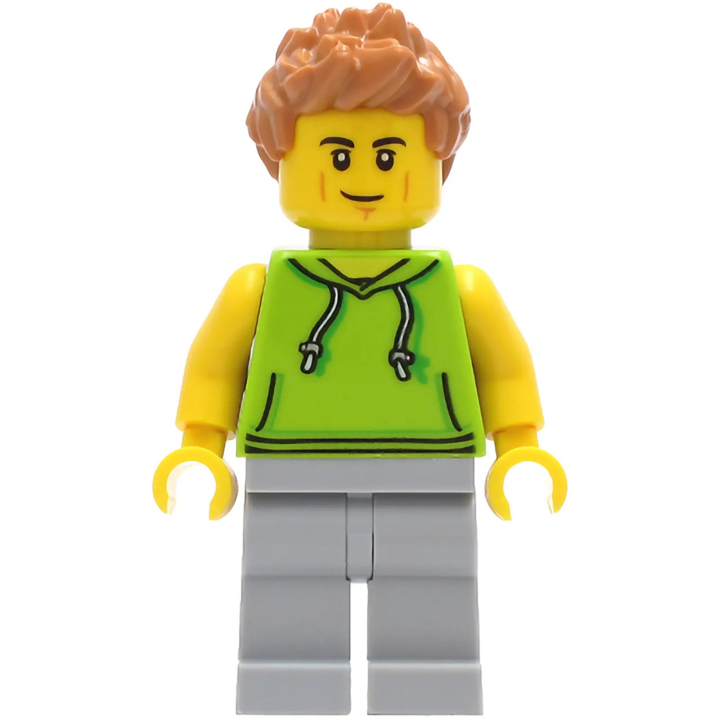 Minifig cty1267 - Car Driver - Male, Lime Hoodie, Light Bluish Gray Legs, Medium Nougat Hair