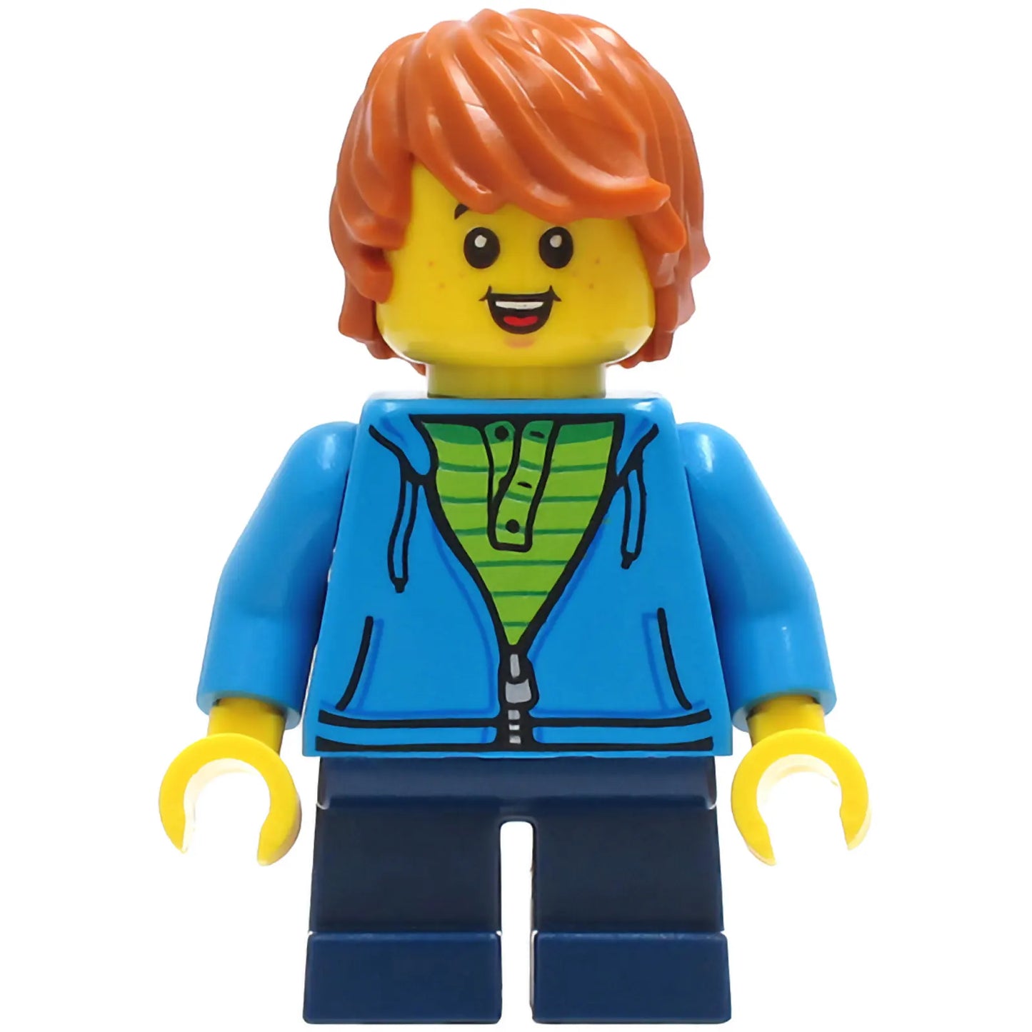 Minifig cty1271 - Child - Boy, Dark Azure Hoodie, Dark Blue Short Legs, Dark Orange Tousled Hair, Freckles, Smile with Teeth and Tongue