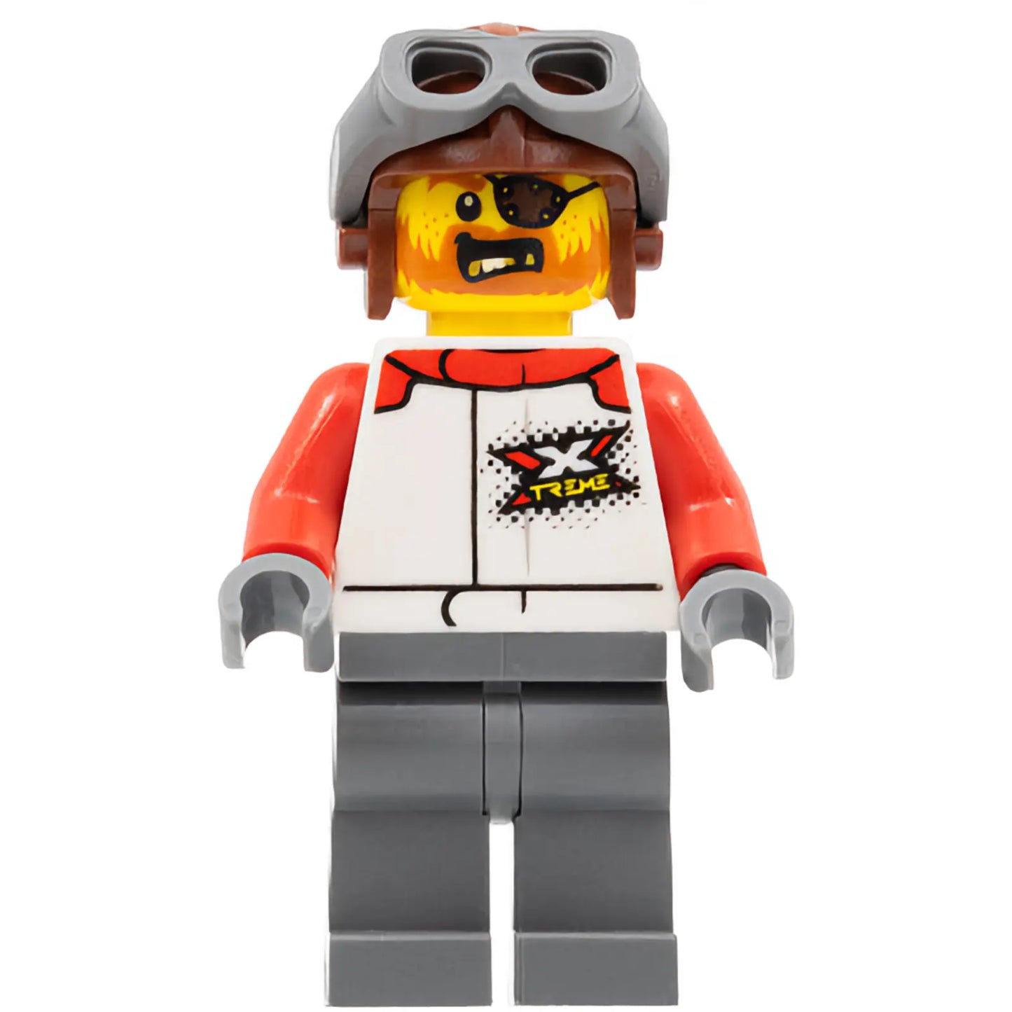Minifig cty1324 - Stuntz Driver - Male, White Racing Jacket with Red Arms, Dark Bluish Gray Legs, Reddish Brown Aviator Cap, Eye Patch