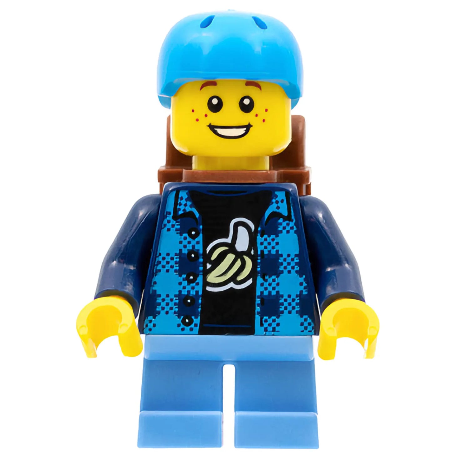 Minifig cty1332 - Skateboarder - Boy, Banana Shirt, Dark Azure Helmet, Backpack, Medium Blue Short Legs