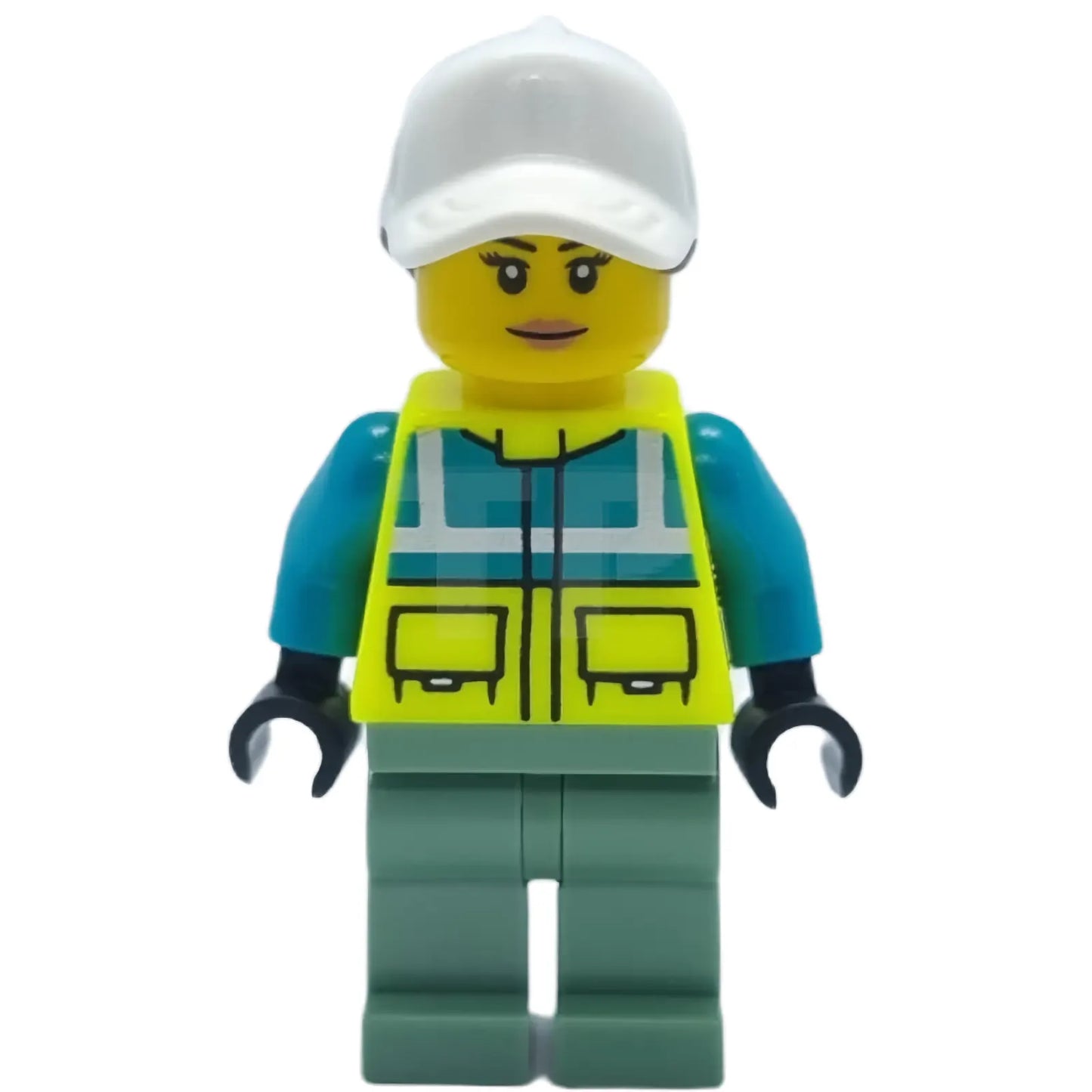 Minifig cty1349 - Ambulance Driver - Female, Dark Turquoise and Neon Yellow Safety Vest, Sand Green Legs, White Cap with Reddish Brown Ponytail Hair
