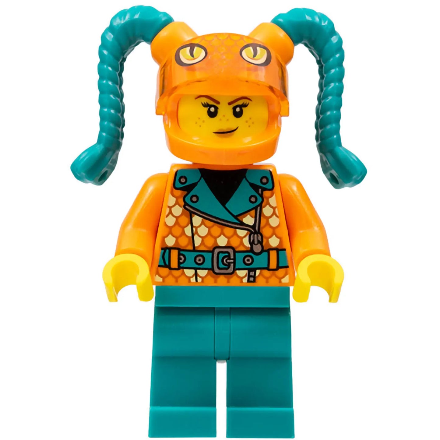Minifig cty1456 - Stuntz Driver - Female, Orange Coat with Scales, Dark Turquoise Legs, Orange Helmet with Tassels, Snake Visor
