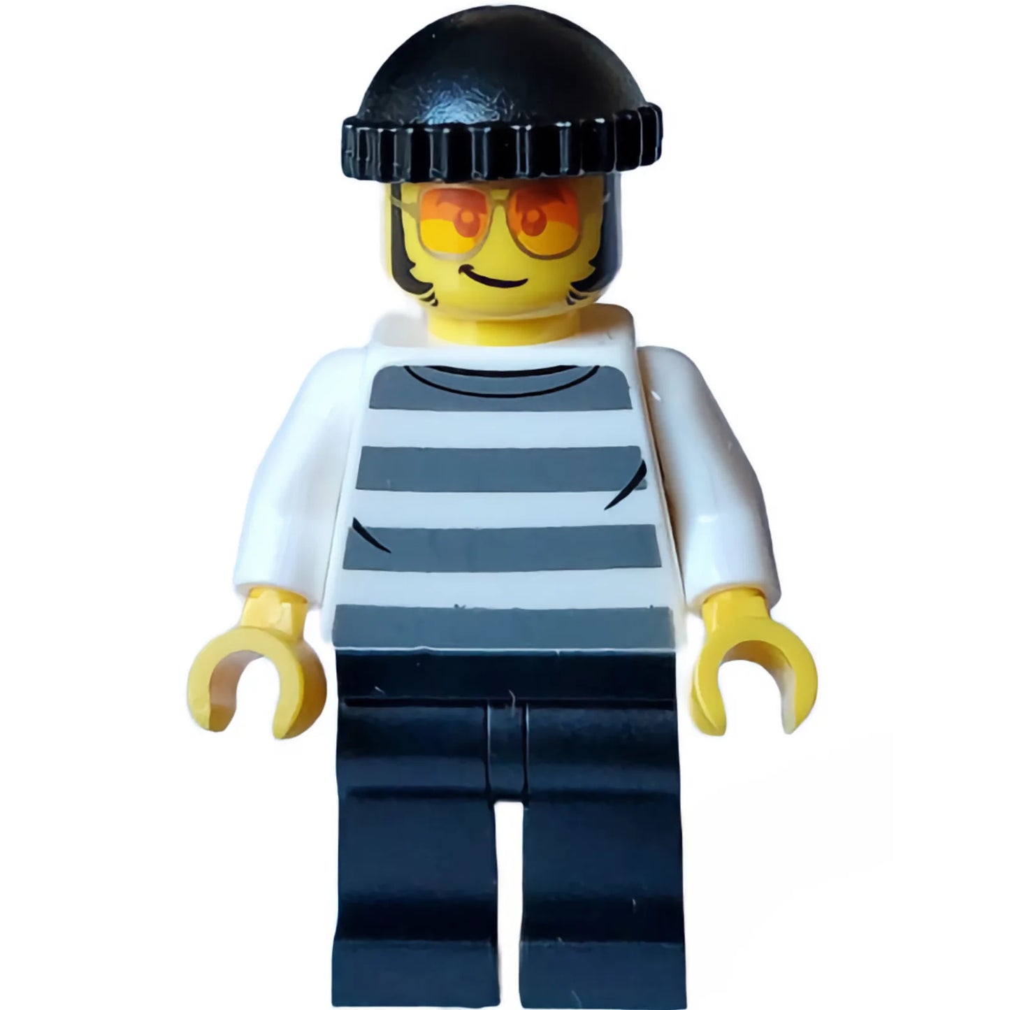 Minifig cty1558 - Police - City Bandit Crook Male, White Shirt with Dark Bluish Gray Prison Stripes, Black Legs, Black Knit Cap, Sunglasses