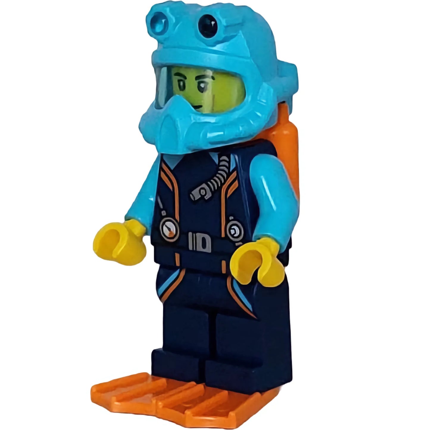 Minifig cty1609 - Arctic Explorer Diver - Male, Dark Blue Diving Suit, Orange Air Tanks and Flippers, Medium Azure Helmet