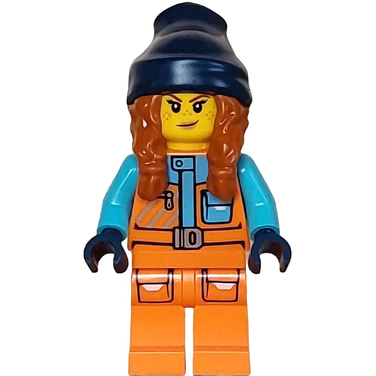 Minifig cty1613 - Arctic Explorer - Female, Orange Jacket, Dark Orange Braids with Dark Blue Beanie, Freckles