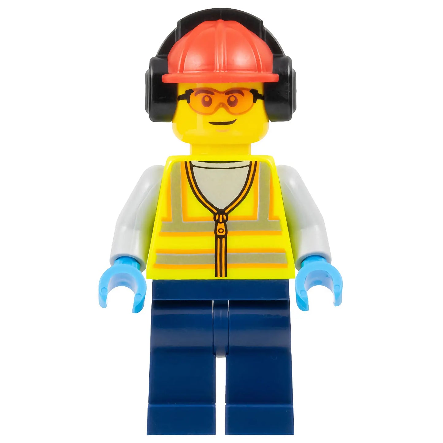 Minifig cty1674 - Airport Worker - Male, Neon Yellow Safety Vest, Dark Blue Legs, Red Construction Helmet with Black Ear Protectors / Headphones, Safety Glasses