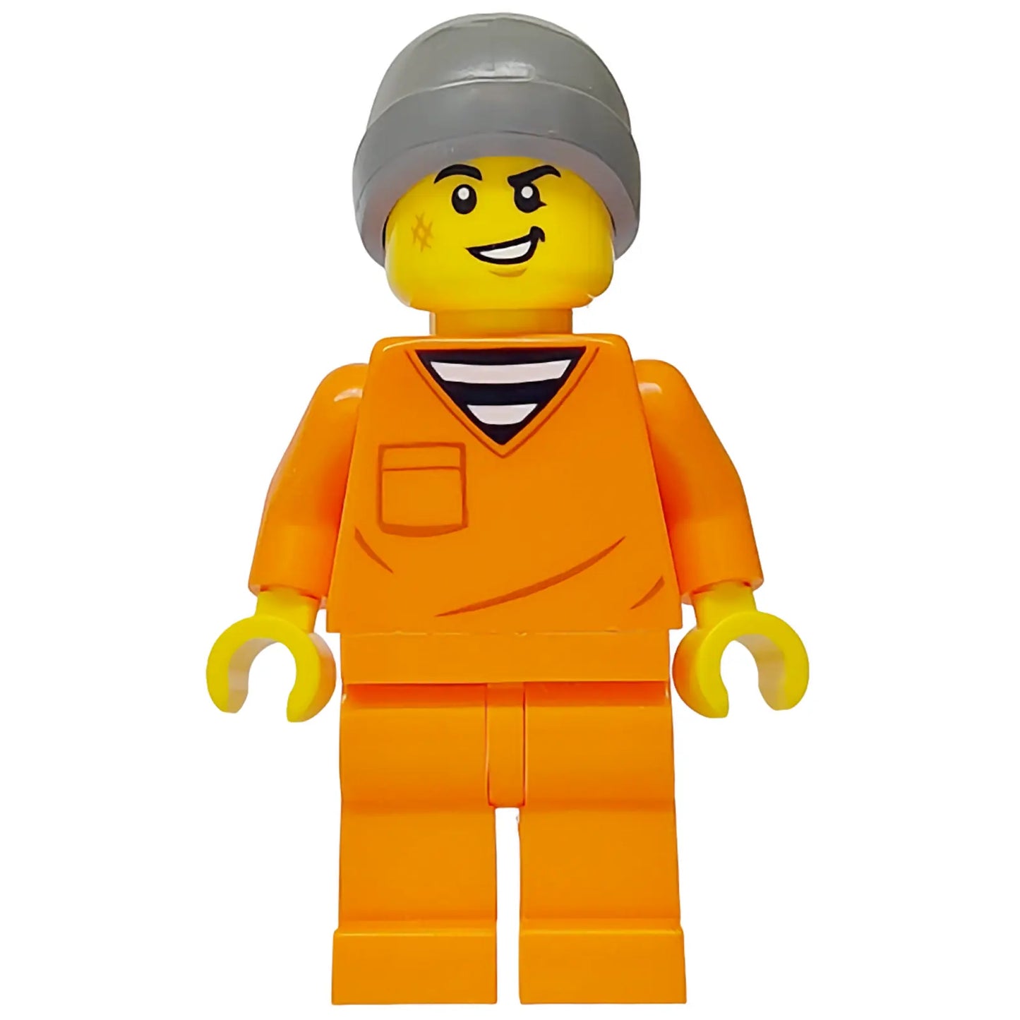 Minifig cty1699 - Police - City Jail Prisoner Male, Orange Prison Jumpsuit, Dark Bluish Gray Beanie, Scruff Mark