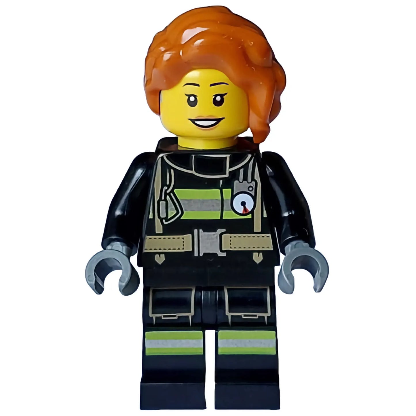 Minifig cty1713 - Fire - Female, Black Jacket and Legs with Reflective Stripes, Dark Orange Hair Wavy, Loose Braid