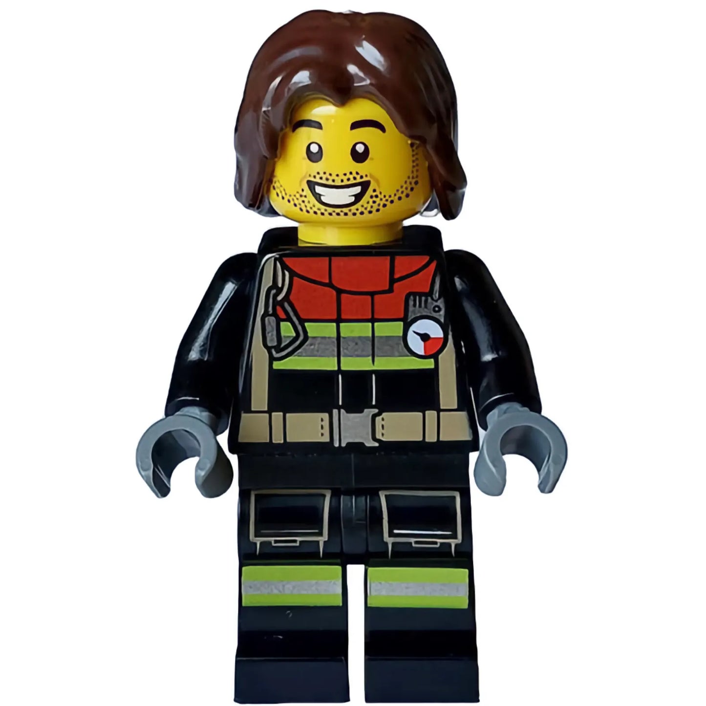 Minifig cty1714 - Fire - Male, Black Jacket and Legs with Reflective Stripes and Red Collar, Dark Brown Hair Mid-Length Tousled
