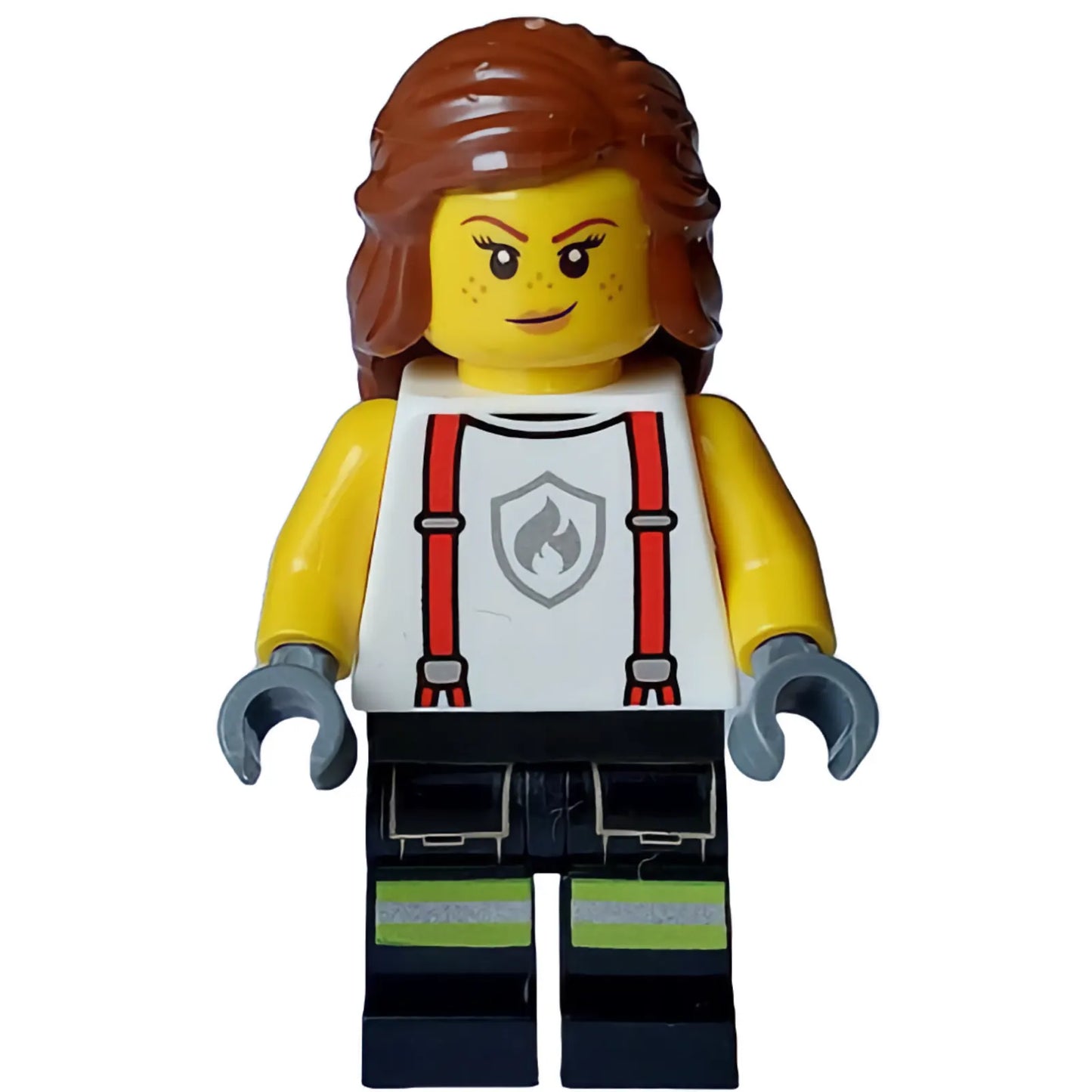 Minifig cty1715 - Fire - Female, White Shirt with Suspenders, Legs with Reflective Stripes, Reddish Brown Hair with Braid