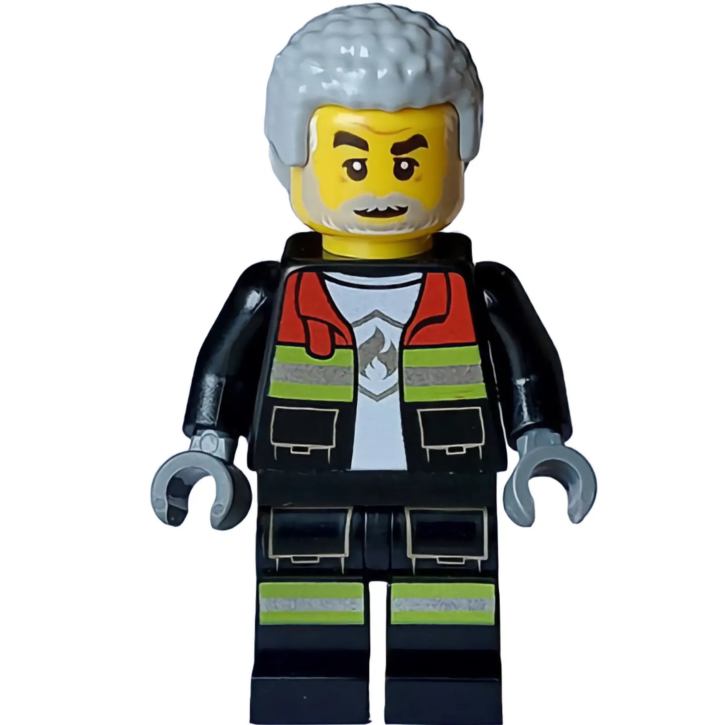 Minifig cty1716 - Fire - Male, Black Open Jacket and Legs with Reflective Stripes and Red Collar, Light Bluish Gray Coiled Hair