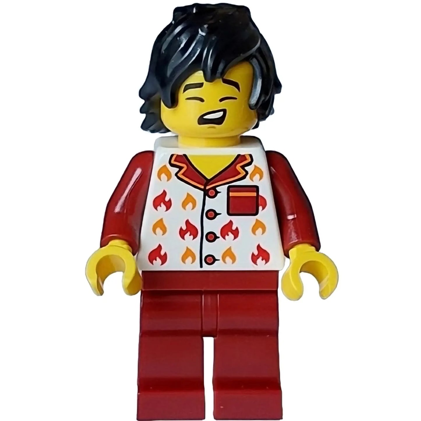 Minifig cty1717 - Fire - Male, White Jacket with Flames, Dark Red Legs, Black Tousled Hair