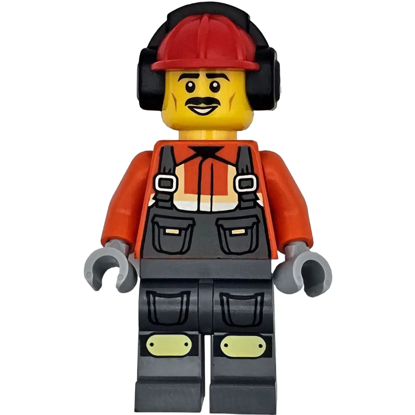 Minifig cty1787 - Construction Worker - Male, Reddish Orange Safety Jacket, Reflective Stripe, Dark Bluish Gray Overalls, Red Construction Helmet with Black Ear Protectors / Headphones, Black Moustache